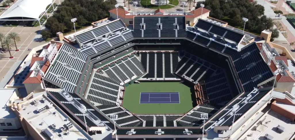 Aerial view of Stadium 1, the 16,100-seat main show court at the Indian Wells Tennis Garden